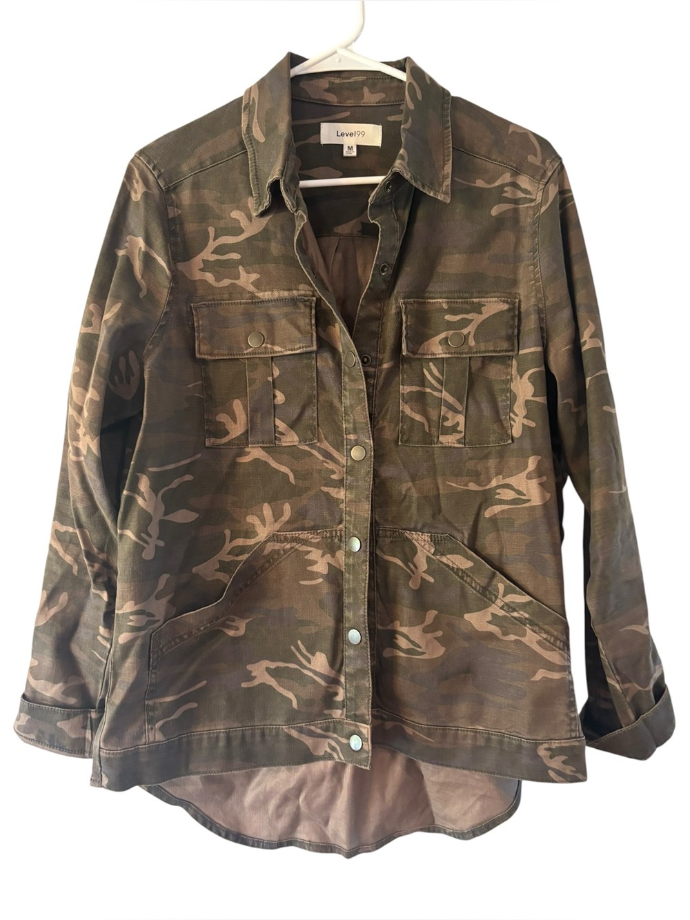 Level99 Women's Olive Camo Lightweight Linen Blend Denim Jacket Size M